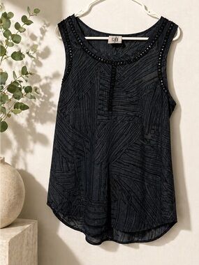 Cabi Beaded Tank Top Medium Black Textured Sleeveless Blouse Workwear Chic
